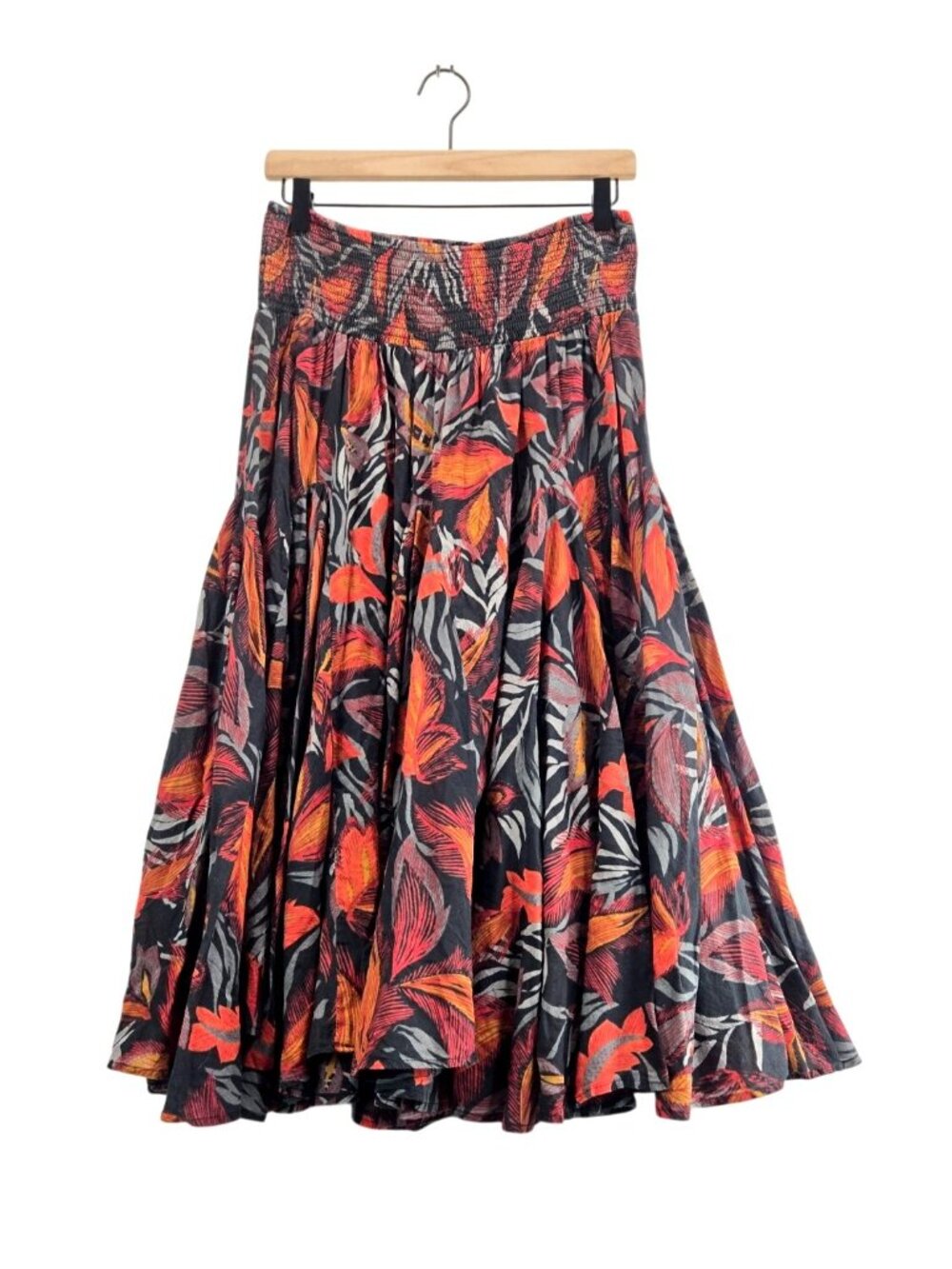 Flouncy Extra Full Midi Skirt L Smocked Waist Red Orange Black Floral Tropical